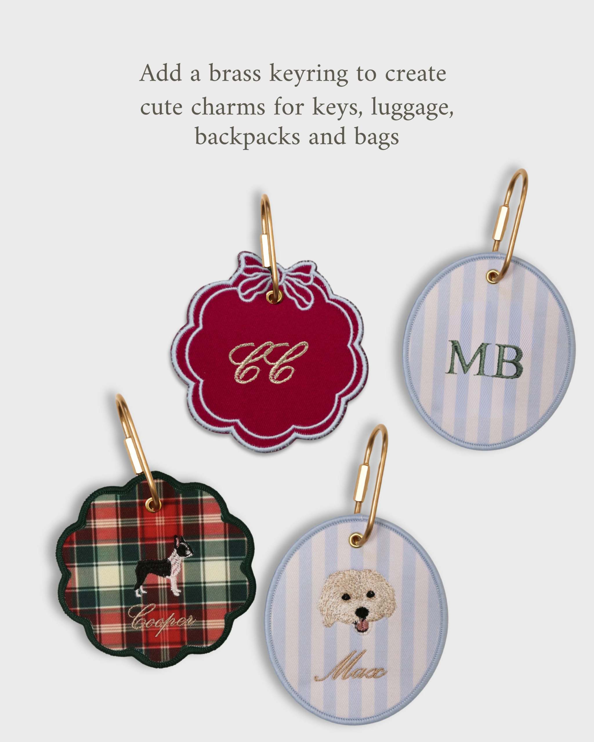 Set of personalized initials ornaments with brass keyrings for keys, luggage, backpacks, and bags in festive styles.