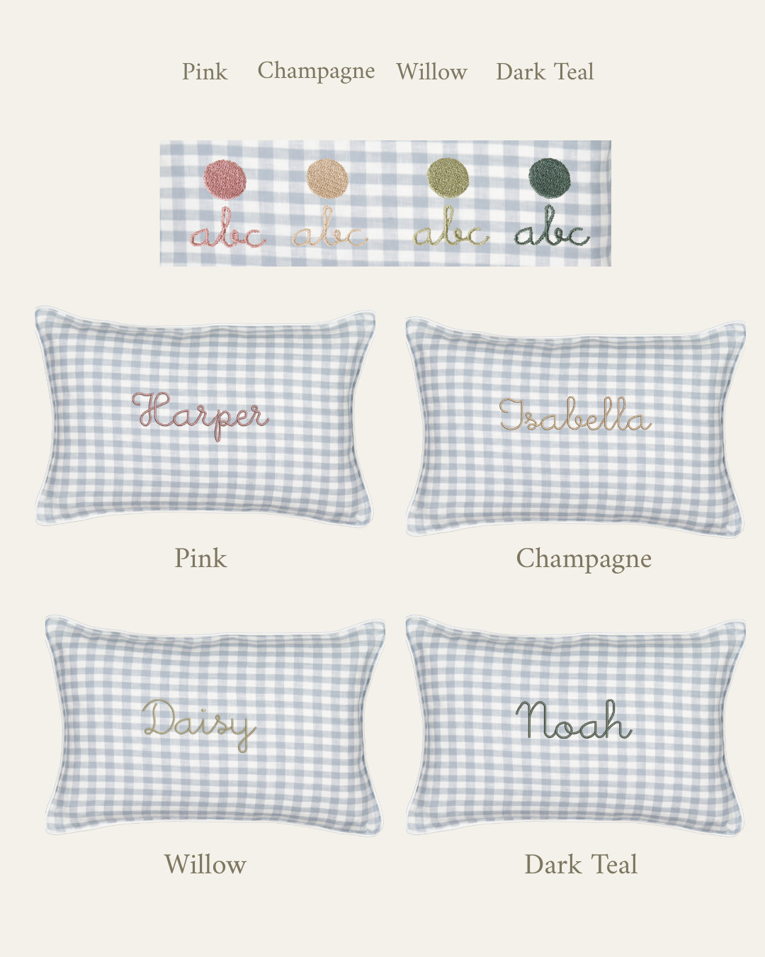 Botanical Linen Cushion with hand-embroidered names in pink, champagne, willow, and dark teal on blue check fabric, made from 100% European flax linen.