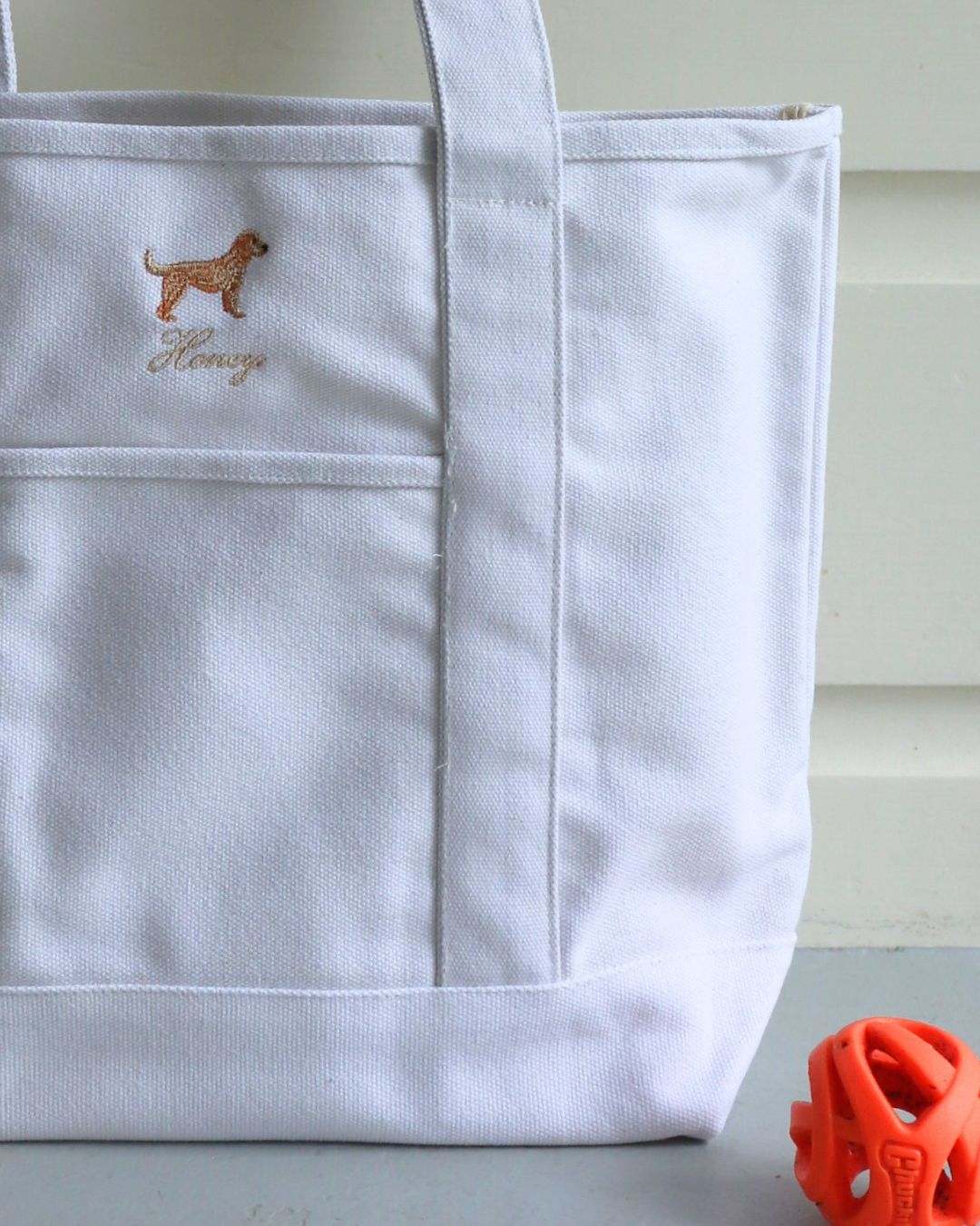 Personalised heavyweight canvas tote bag with dog embroidery and name detail