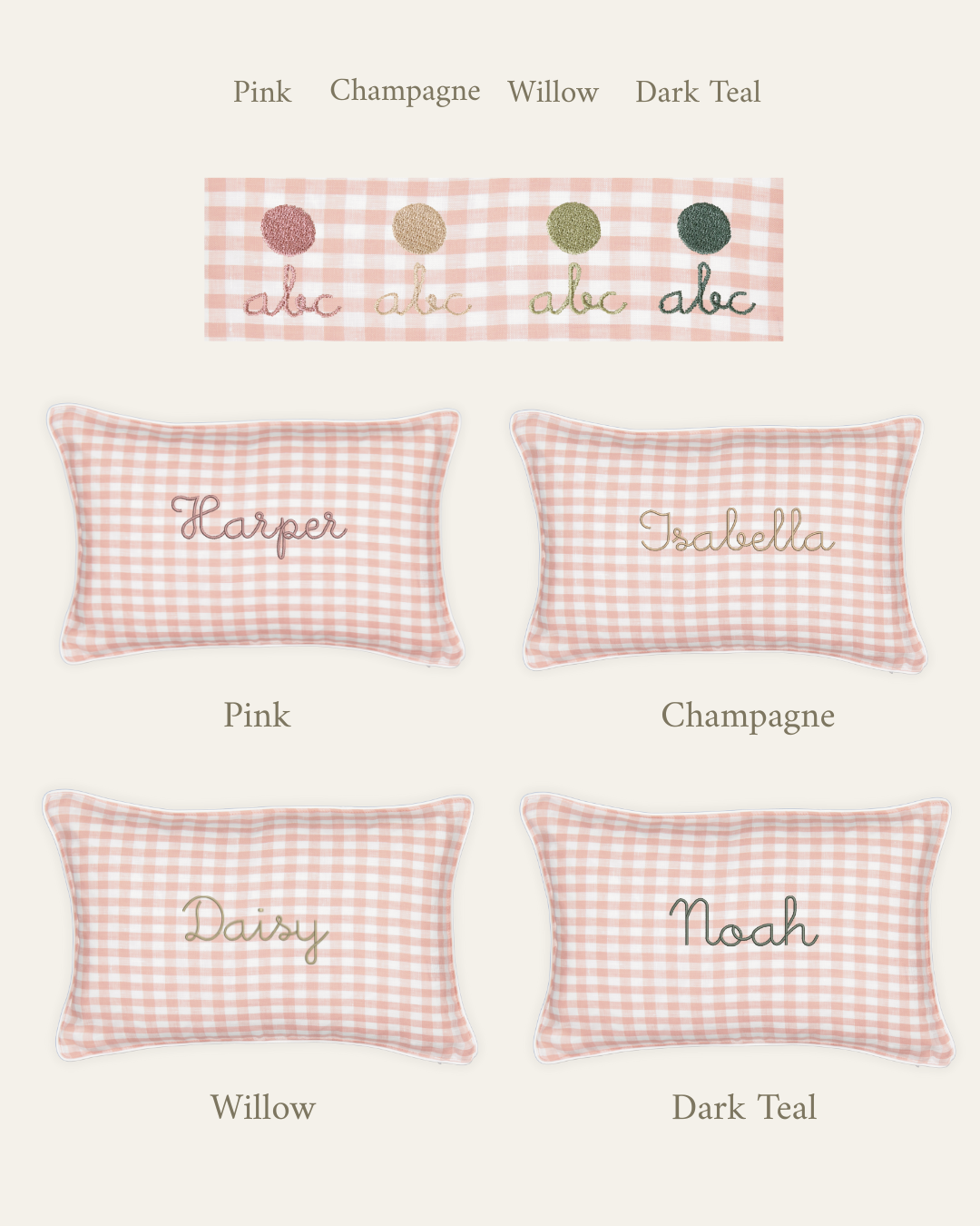 Botanical Linen Cushion in pink gingham with embroidered names and color options for floral designs.
