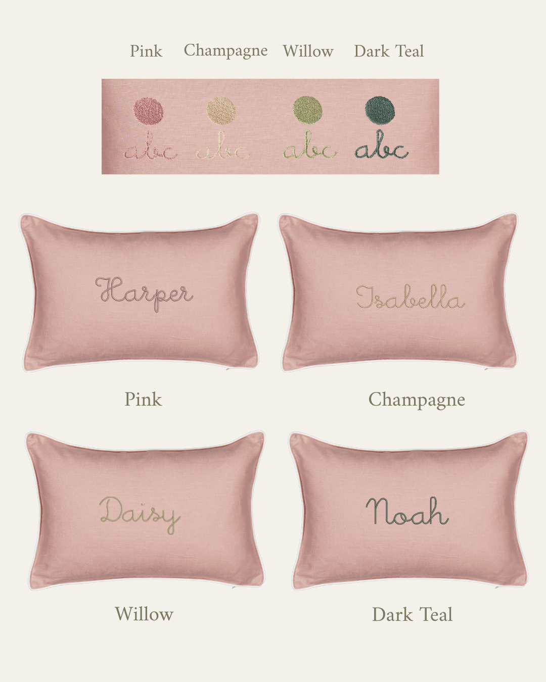 Personalized Botanical Linen Cushion in pink with embroidered names, available in four thread colors: pink, champagne, willow, and dark teal.
