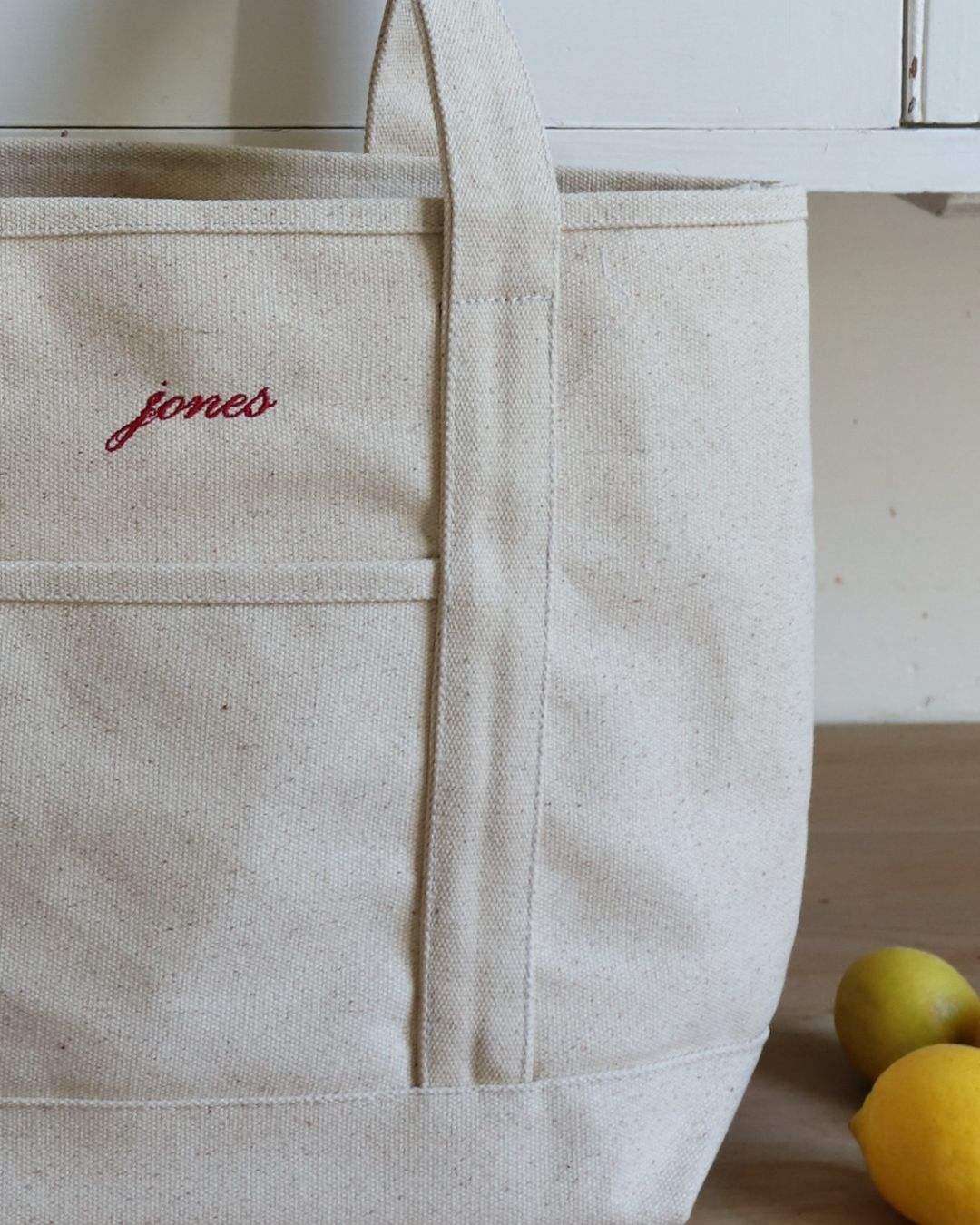 Heavyweight canvas personalised tote bag with embroidered name "jones"
