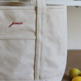 Heavyweight canvas personalised tote bag with embroidered name "jones"