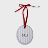 Personalized initials ornament with red velvet ribbon for holiday decor and gift decoration