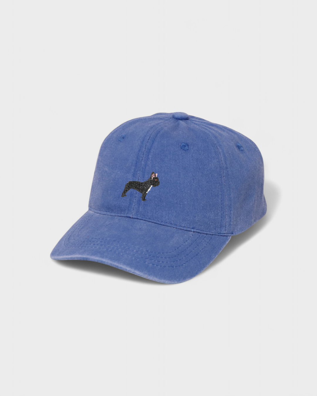 Blue cotton French Bulldog personalised baseball hat with embroidered dog design on front