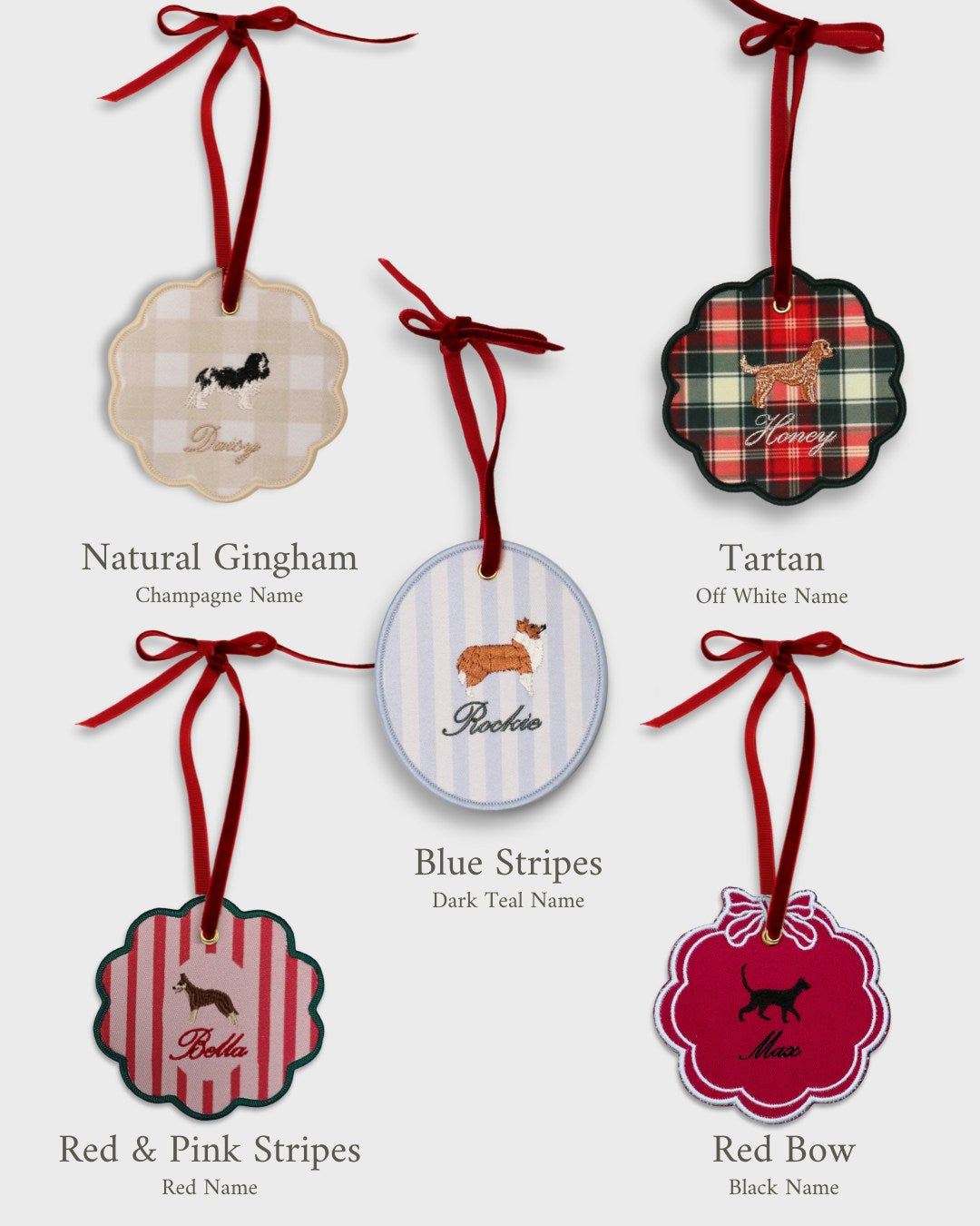 Personalized Initials Ornament in various festive styles with embroidered pet designs and velvet ribbon for holiday decor or key charms