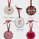 Personalized Initials Ornament in various festive styles with embroidered pet designs and velvet ribbon for holiday decor or key charms