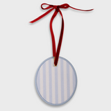 Round initials ornament with blue and white stripes and red velvet ribbon hanger, 10cm x 10cm holiday decoration charm