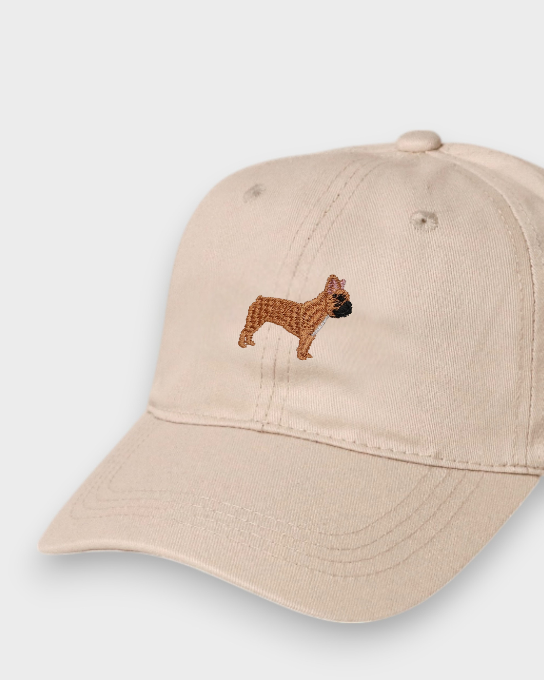 Beige French Bulldog personalised baseball cap with embroidered hand-drawn dog design and custom text option