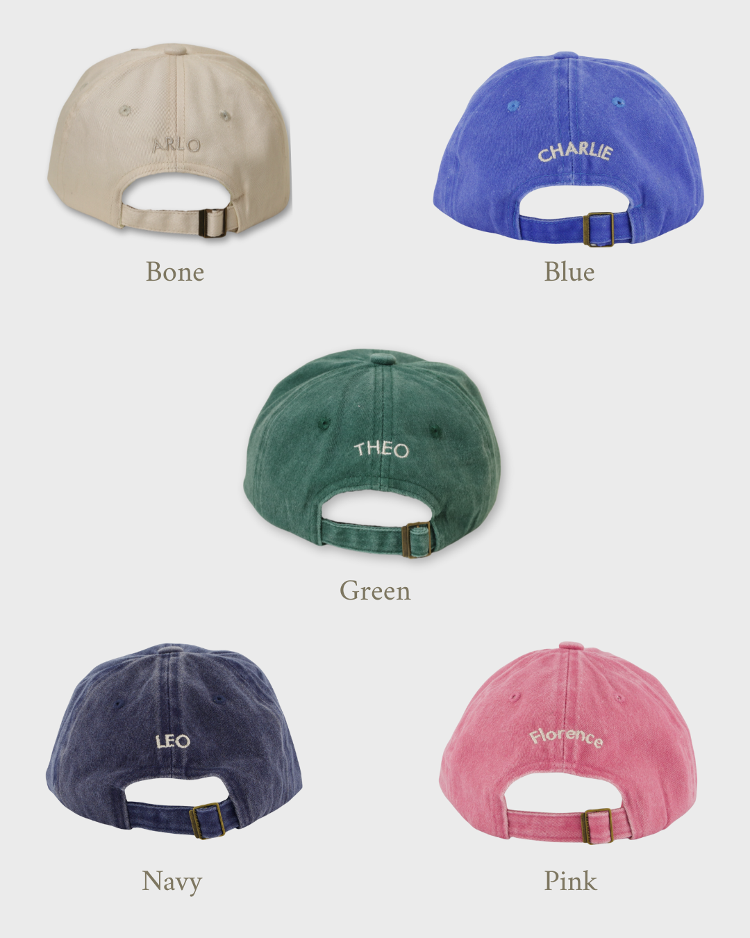 French Bulldog personalised hats in bone, blue, green, navy, and pink colors with custom embroidered names on the back, made of 100% washed cotton in classic baseball fit.