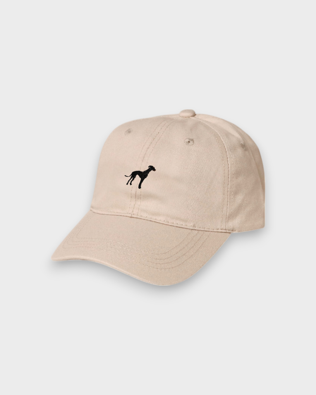 Beige baseball cap with embroidered black Greyhound/Whippet design and personalized back embroidery option