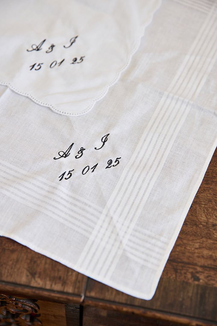 Embroidered personalized men's cotton handkerchief with traditional 45cm size and scalloped women's handkerchief shown alongside