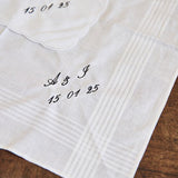 Embroidered personalized men's cotton handkerchief with traditional 45cm size and scalloped women's handkerchief shown alongside