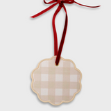 Personalised initials ornament with beige check pattern and red velvet ribbon for holiday decor and gifts