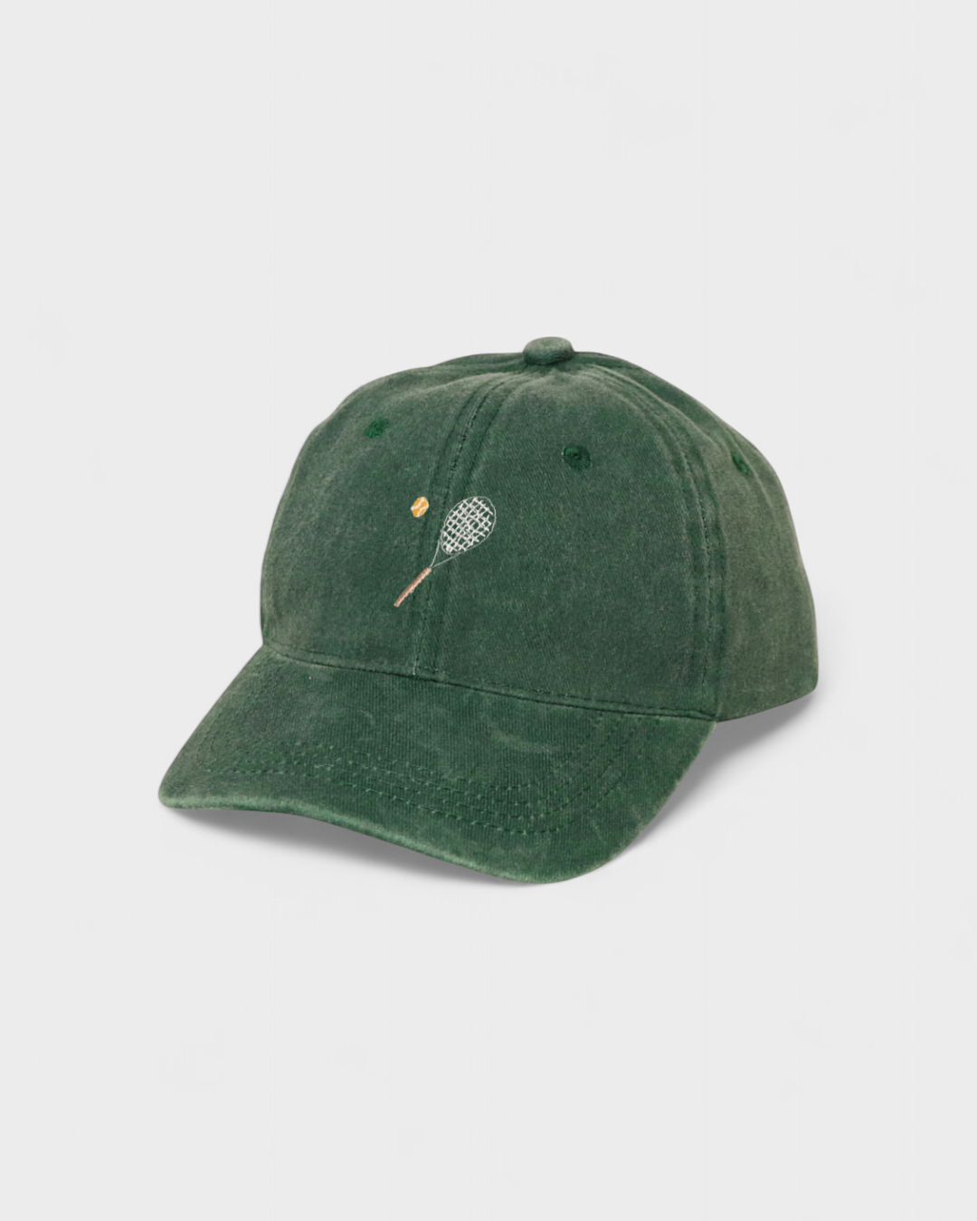 Tennis personalised hat with embroidered racket and ball design on green cotton fabric.