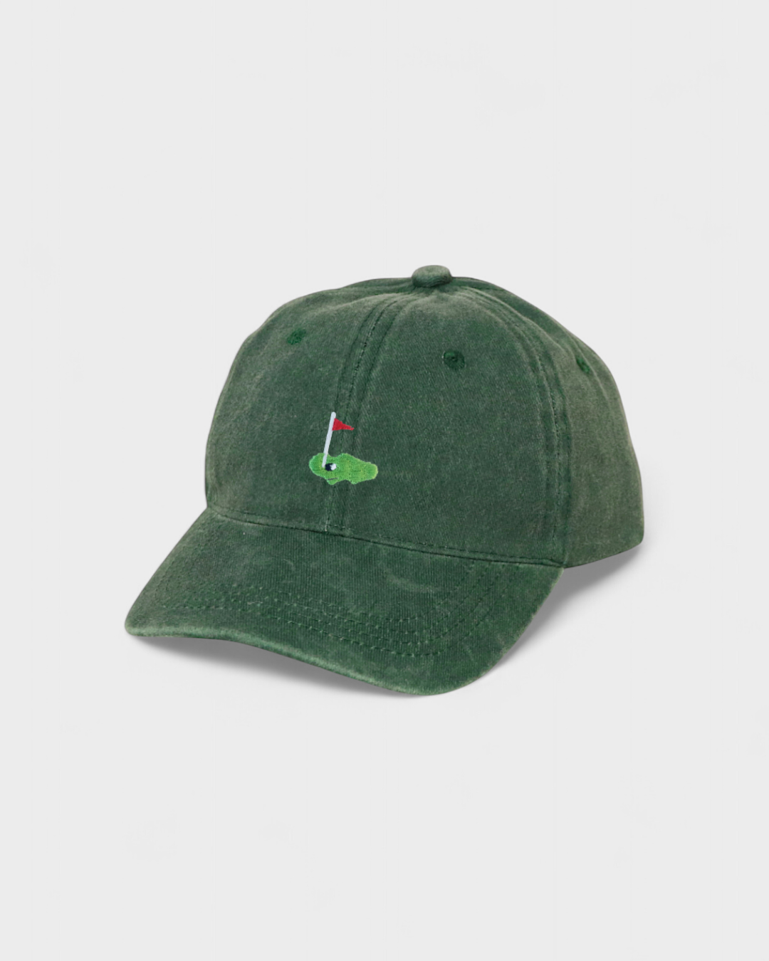 Green embroidered personalised hat in classic baseball fit made of 100% washed cotton.
