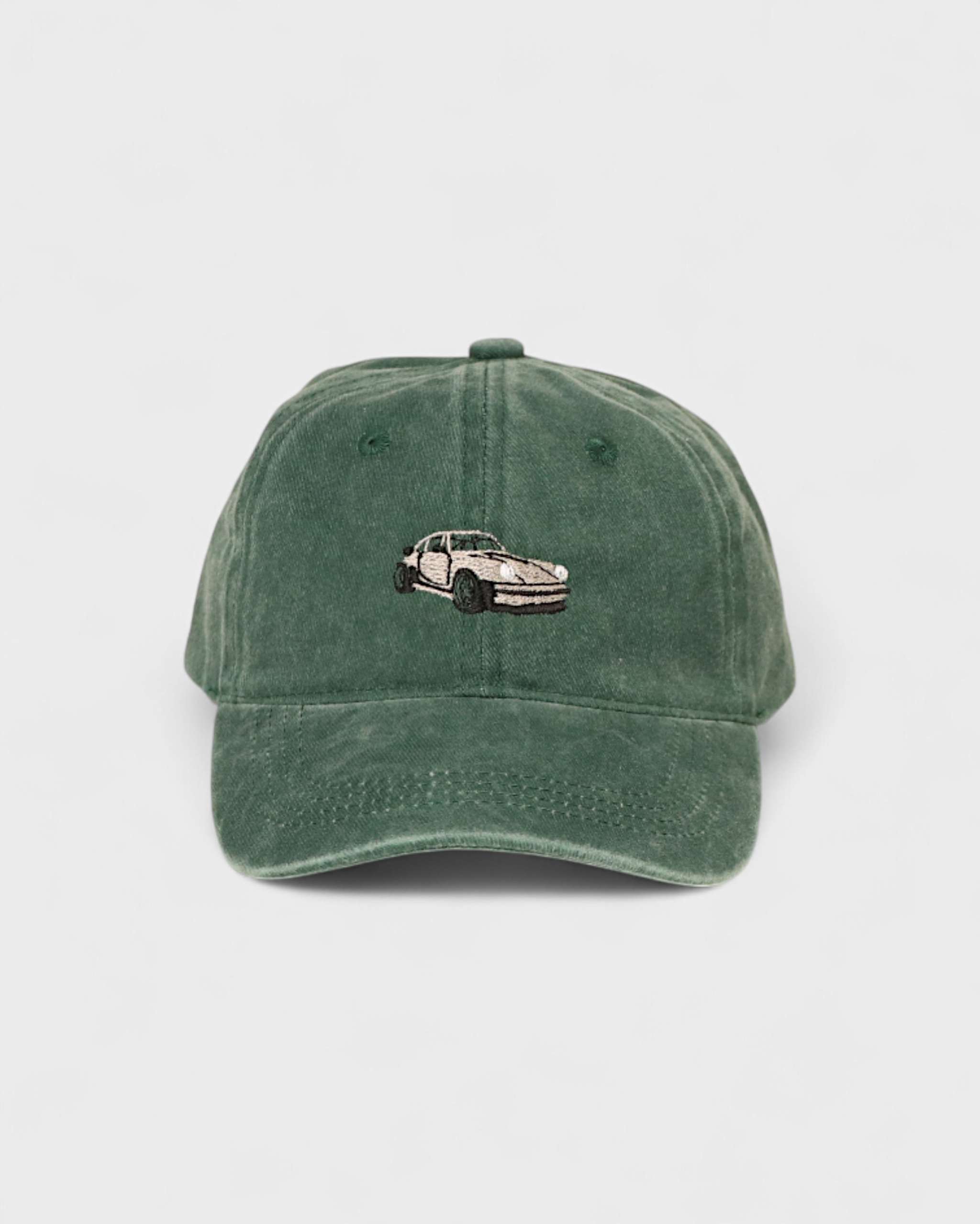 Green Porsche personalised hat with embroidered Porsche 930 design.