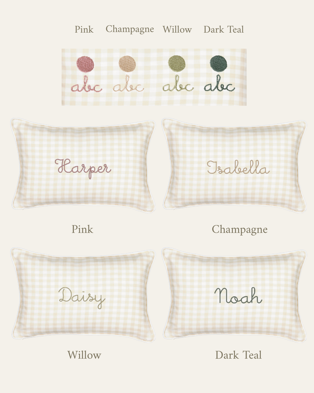 Botanical Linen Cushion with removable gingham cover, personalised embroidery options in pink, champagne, willow, and dark teal colors