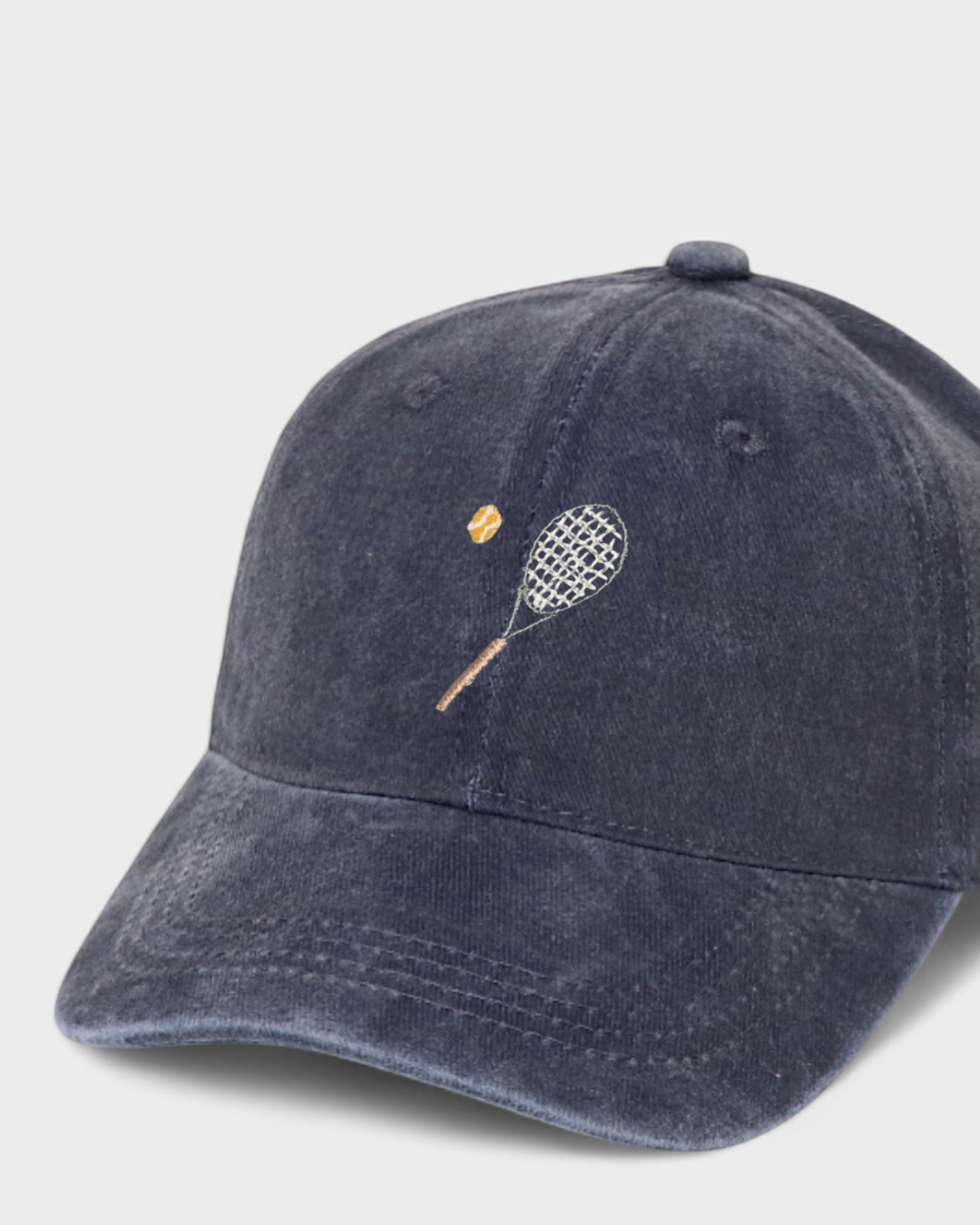 Personalised hat with tennis racket and ball embroidery, 100% washed cotton, Auckland design.