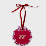 Red embroidered initials ornament with velvet ribbon and brass keyring charm option