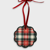Plaid fabric initials ornament with scalloped edges and red velvet ribbon for hanging holiday decor