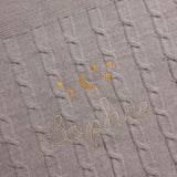 Soft merino baby blanket with moon and stars embroidery and personalized name Sophie in cross stitch design