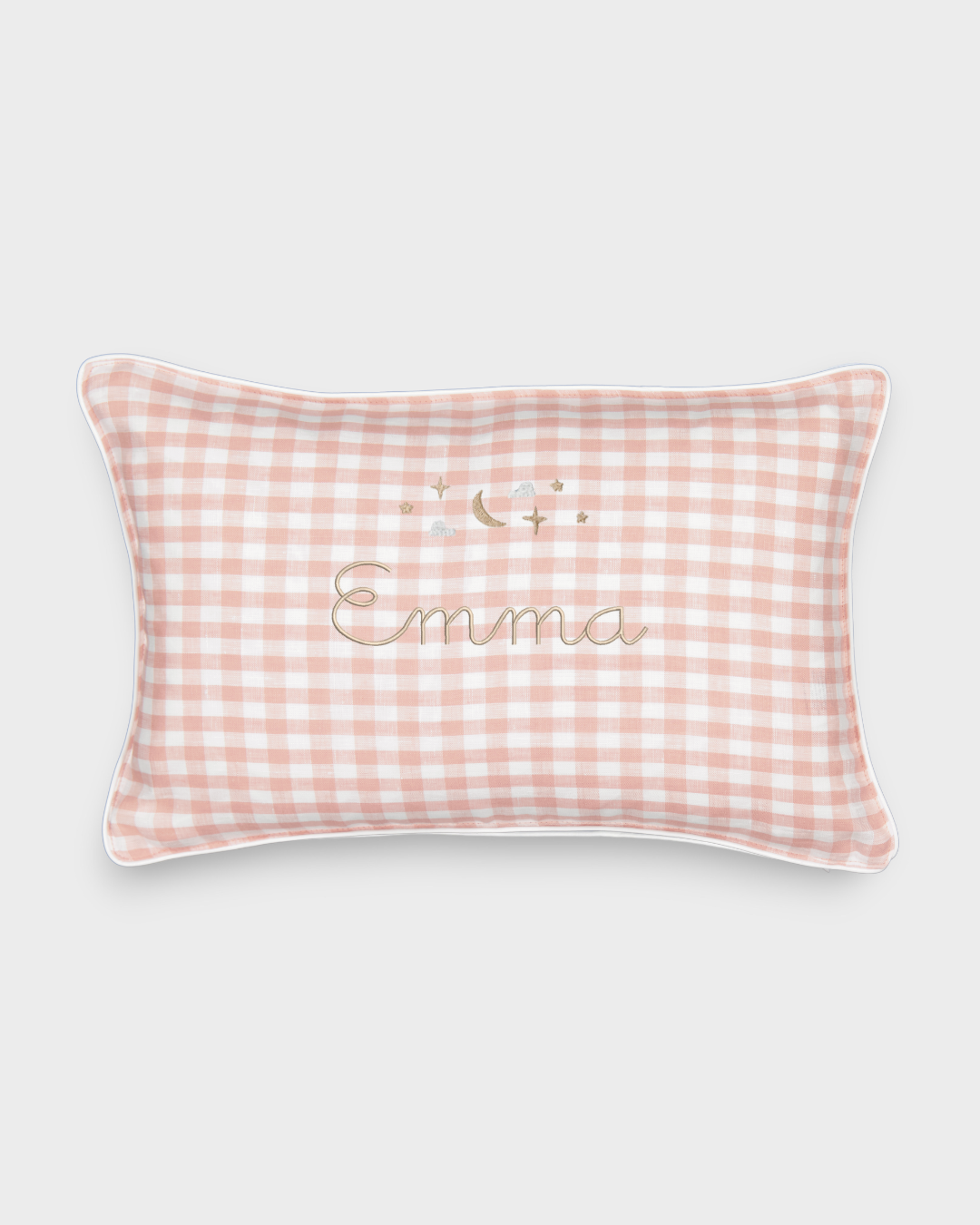 Pink gingham Moon and Stars Cushion with embroidered name and white piping, 30x45cm, removable washable cover, heirloom quality from New Zealand