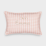 Pink gingham Moon and Stars Cushion with embroidered name and white piping, 30x45cm, removable washable cover, heirloom quality from New Zealand