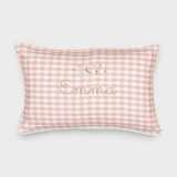 Pink gingham Moon and Stars Cushion with embroidered name and white piping, 30x45cm, removable washable cover, heirloom quality from New Zealand