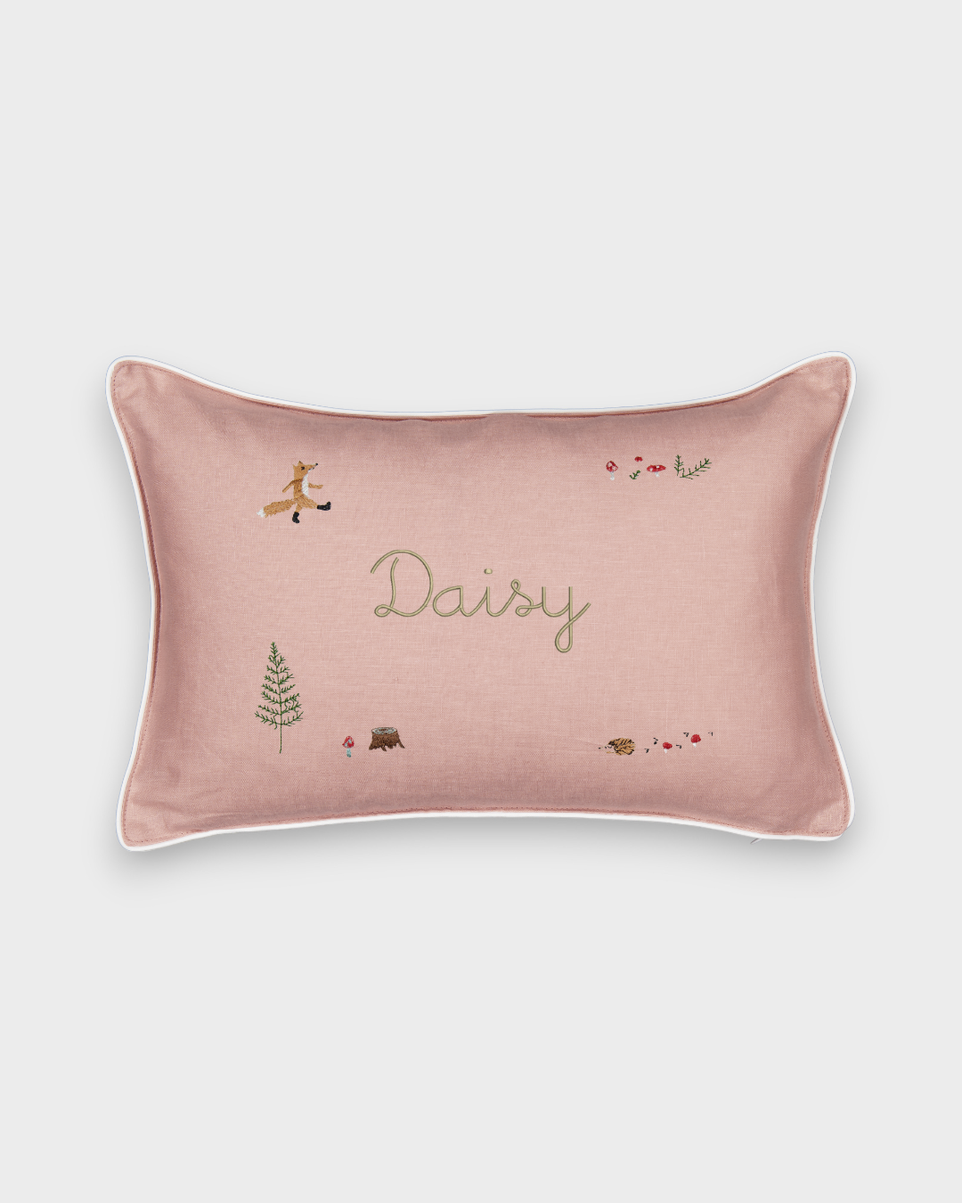Woodland keepsake linen cushion with embroidered friendly fox and nature designs, personalized with name "Daisy"