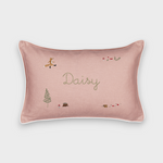 Woodland keepsake linen cushion with embroidered friendly fox and nature designs, personalized with name "Daisy"