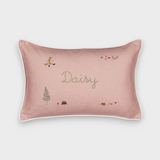 Woodland keepsake linen cushion with embroidered friendly fox and nature designs, personalized with name "Daisy"