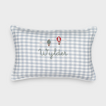 Duck egg blue linen cushion with embroidered vintage hot air balloons and personalized name on checkered fabric