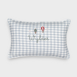 Duck egg blue linen cushion with embroidered vintage hot air balloons and personalized name on checkered fabric