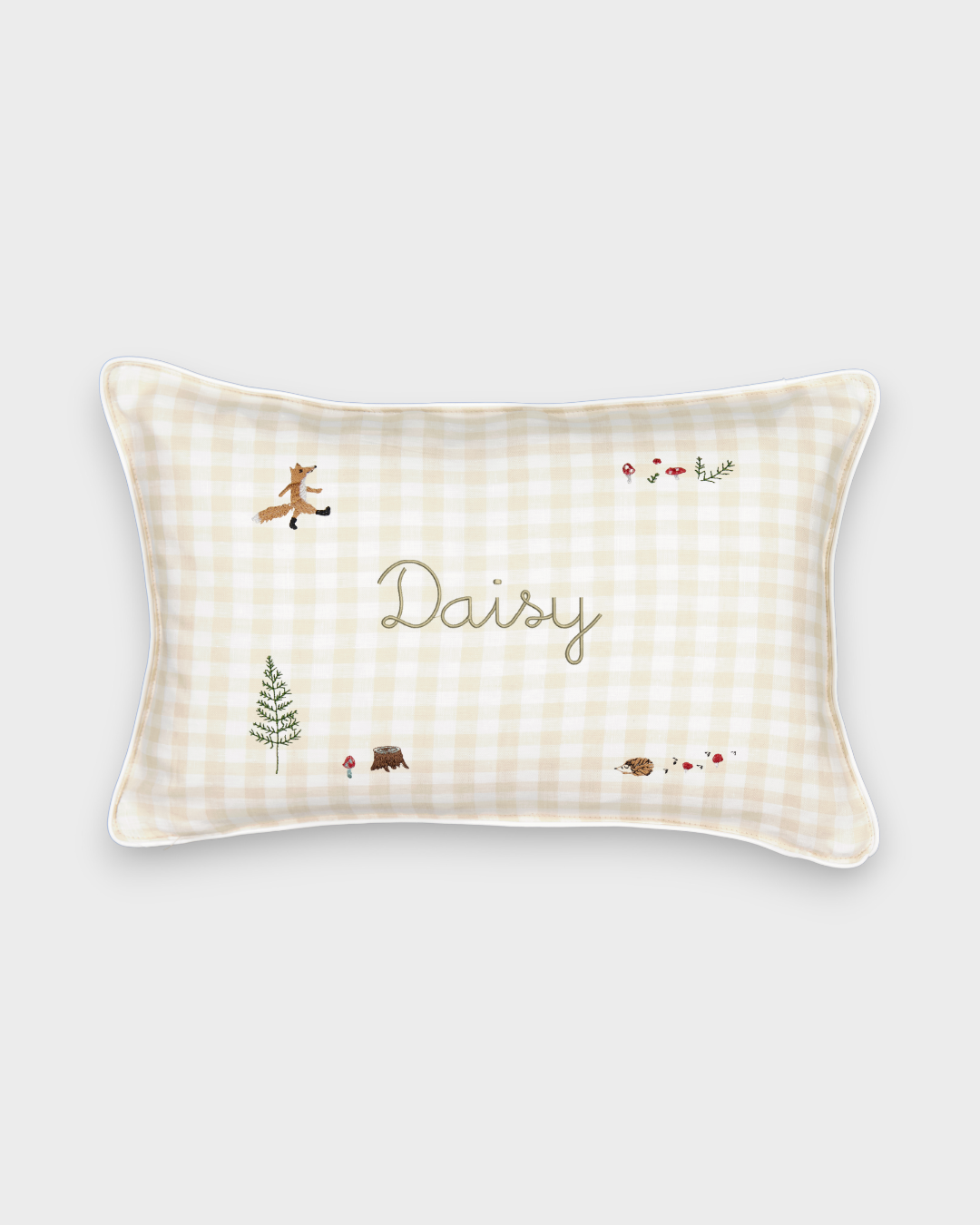 Woodland keepsake linen cushion with embroidered fox, forest animals, personalized name on beige check fabric