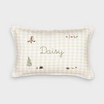 Woodland keepsake linen cushion with embroidered fox, forest animals, personalized name on beige check fabric
