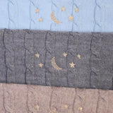 Merino baby blanket with moon and stars design, personalized embroidery.