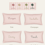 Botanical Linen Cushion in pink gingham with embroidered names and color options for floral designs.