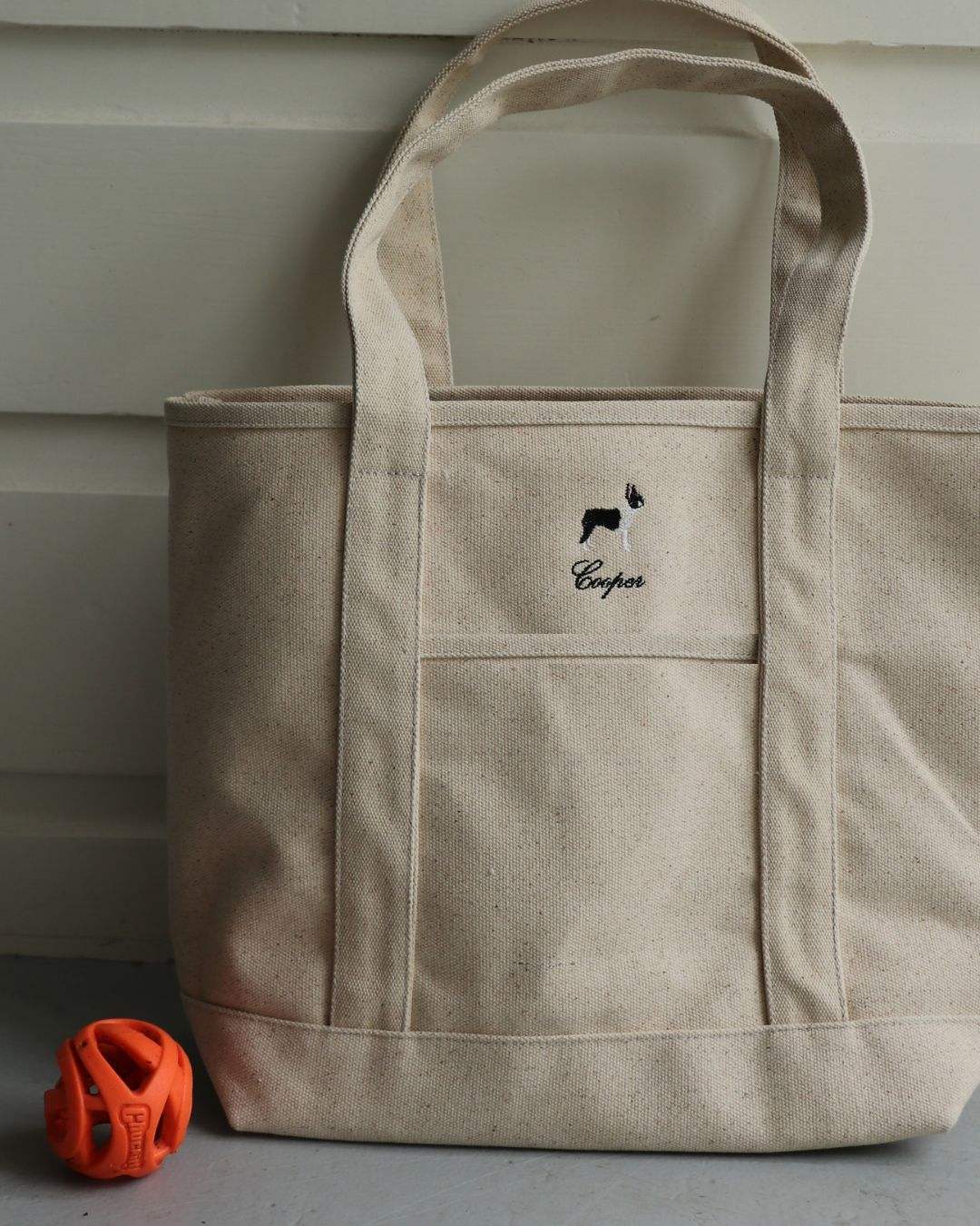 Personalised heavyweight canvas tote bag with dog embroidery and name Cooper