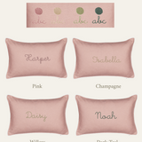 Personalized Botanical Linen Cushion in pink with embroidered names, available in four thread colors: pink, champagne, willow, and dark teal.