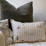 Woodland Keepsake Linen Cushion with embroidered fox design and personalized text, 30x45cm.