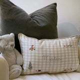 Woodland Keepsake Linen Cushion with embroidered fox design and personalized text, 30x45cm.