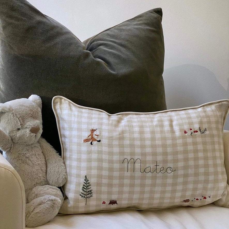 Woodland Keepsake Linen Cushion with embroidered fox design and personalized text, 30x45cm.
