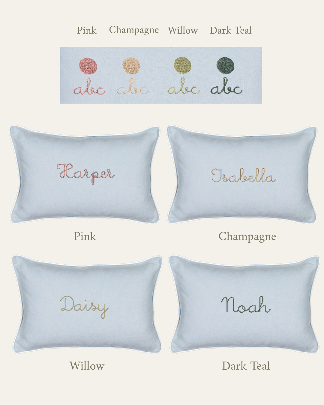 Botanical Linen Cushion with hand-embroidered names in pink, champagne, willow, and dark teal on light linen fabric.