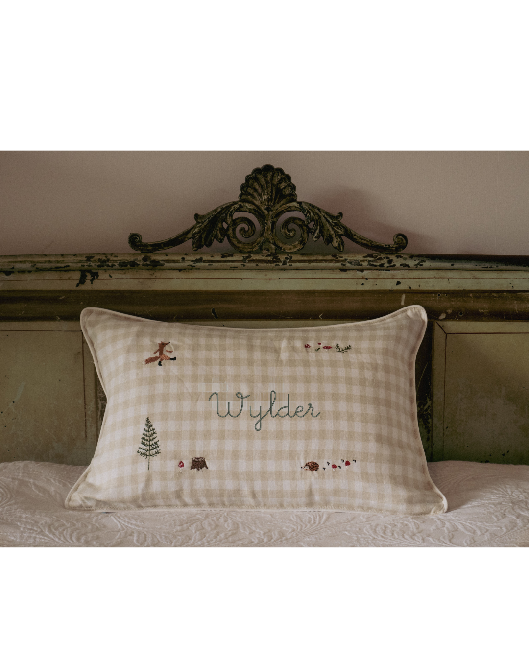 Woodland Keepsake Linen Cushion with embroidered fox and forest animals, personalized name on natural linen check fabric with white piping.