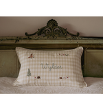 Woodland Keepsake Linen Cushion with embroidered fox and forest animals, personalized name on natural linen check fabric with white piping.
