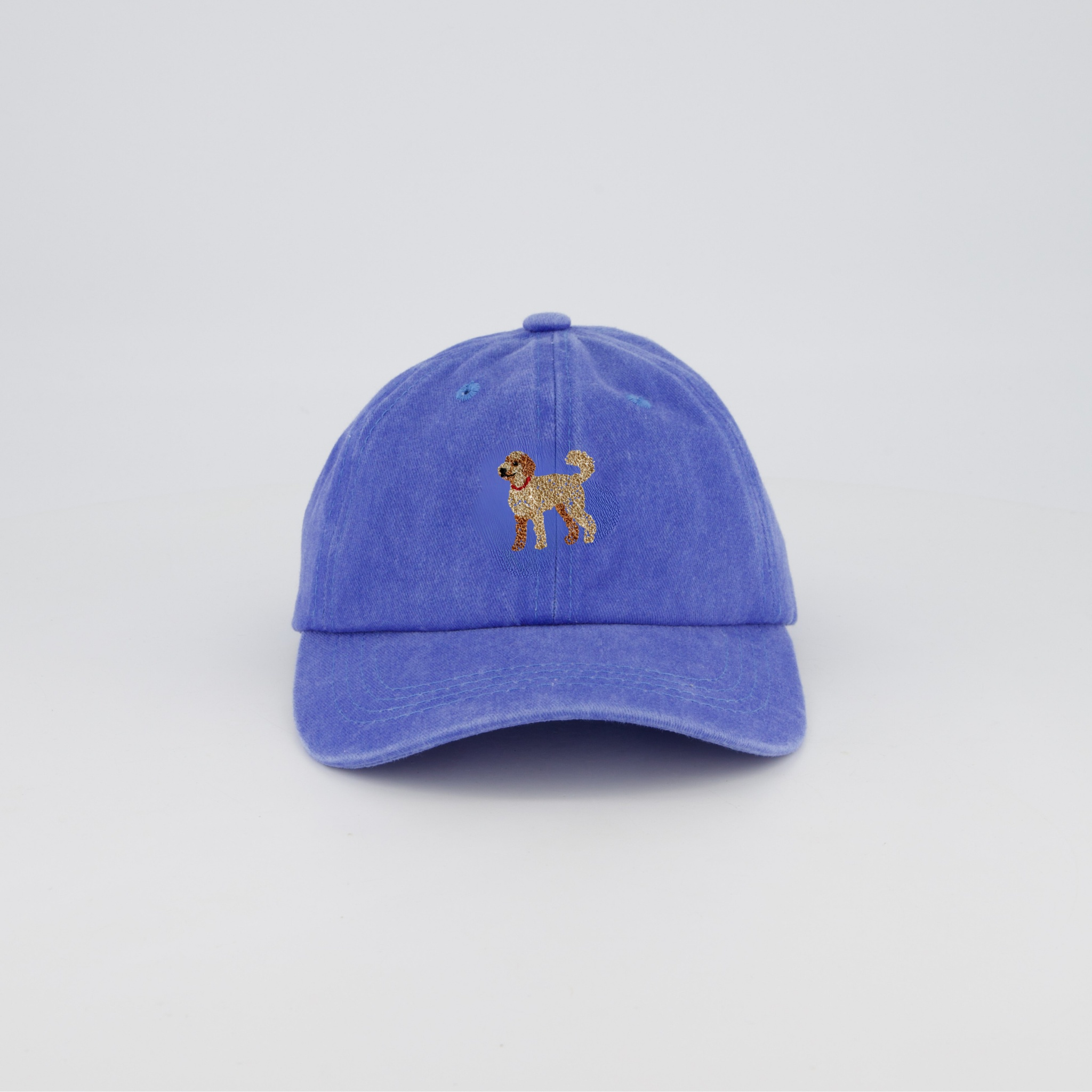 Bright Blue Personalised Hat with Hand-drawn Labradoodle Embroidery Design 