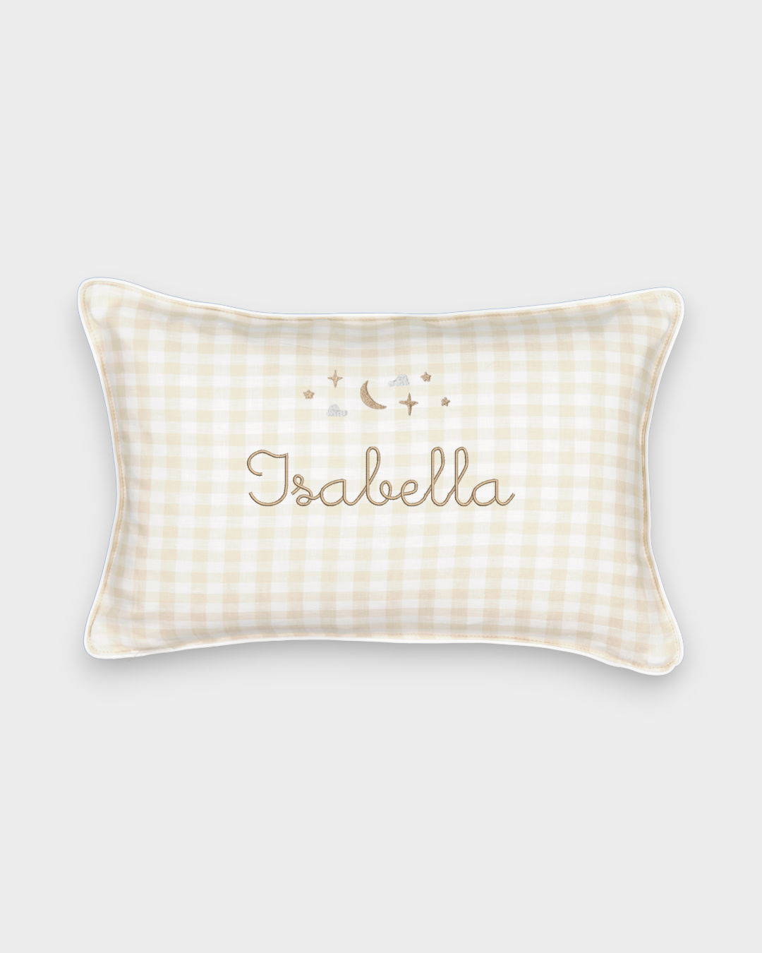 Moon and Stars Cushion with embroidered moon and stars design, personalized name, beige gingham pattern, white piping, removable linen cover, 30x45cm size