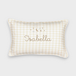 Moon and Stars Cushion with embroidered moon and stars design, personalized name, beige gingham pattern, white piping, removable linen cover, 30x45cm size
