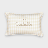 Moon and Stars Cushion with embroidered moon and stars design, personalized name, beige gingham pattern, white piping, removable linen cover, 30x45cm size